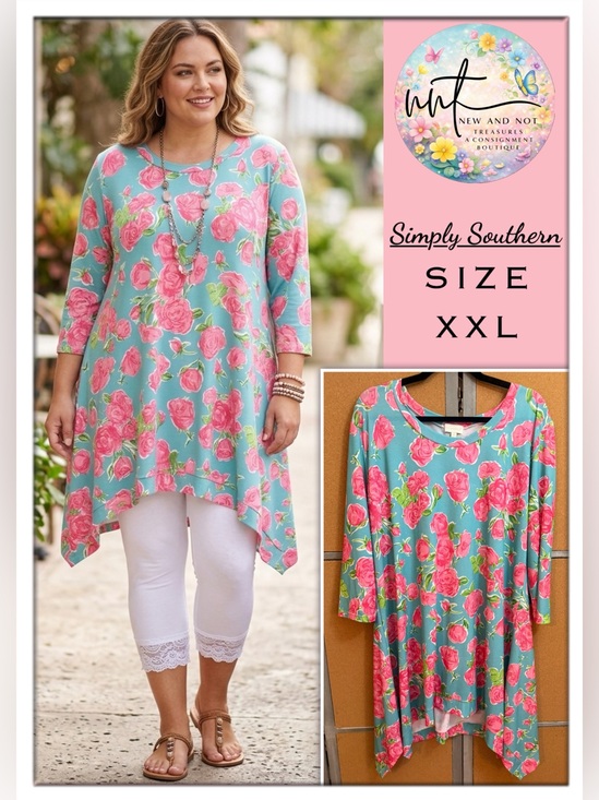 Simply Southern Tops - Simply Southern XXL Floral Tunic Top Sharkbite Hem 3/4 Sleeve Blue Pink Stretchy